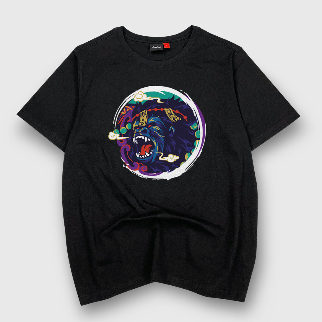 Roaring Ape - a Japanese style black heavyweight T-shirt featuring a design of the ape subdued by Daoist talismans, printed on the front