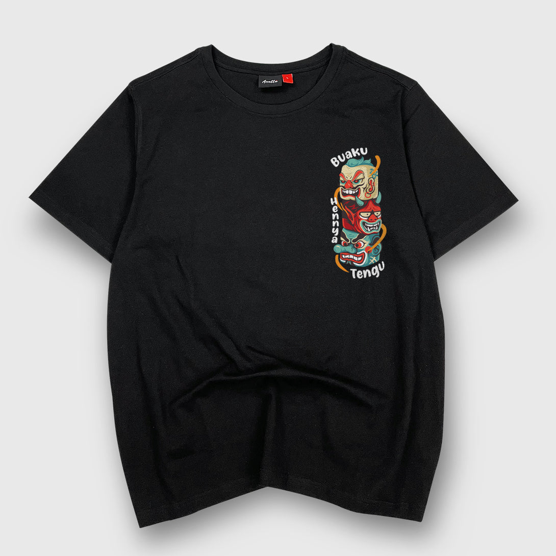 Legendary creatures- a Japanese style black heavyweight T-shirt featuring a design of legendary creatures found in Japanese folk religion, printed on the front