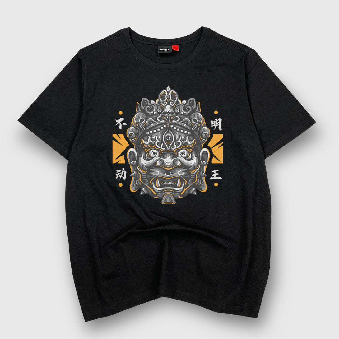 fodo myoo - A Japanese style black heavyweight T-shirt featuring the graphic design of the Japanese buddhist guardian deity-fodo myoo, printed on the front