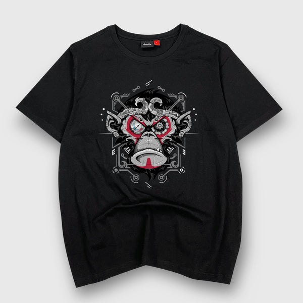 Monkey king - A Japanese style black heavyweight T-shirt featuring the intricate graphic design of a steam-punk style monkey king, printed on the front