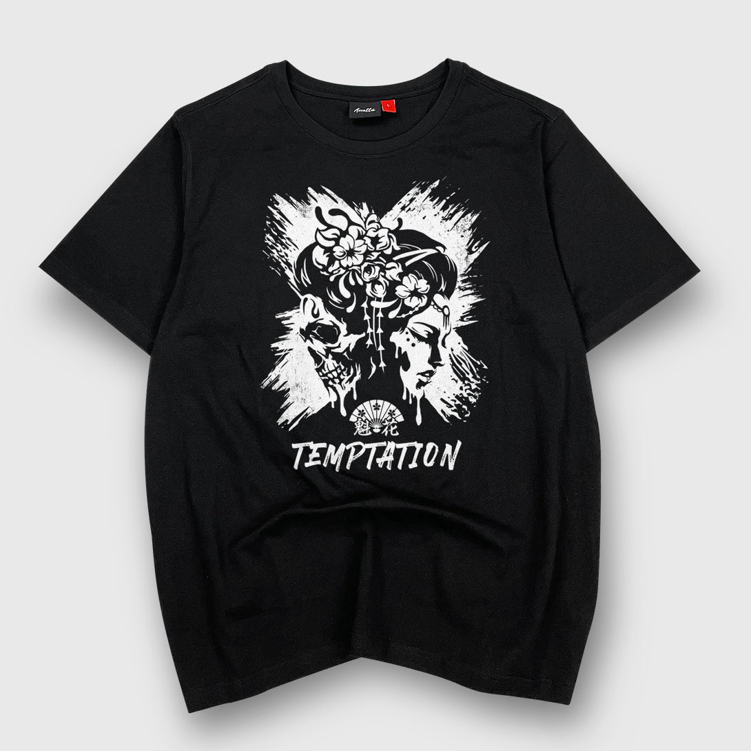 Oiran X Temptation - a Japanese style black heavyweight T-shirt featuring the design that combines oiran with a skull printed on the front