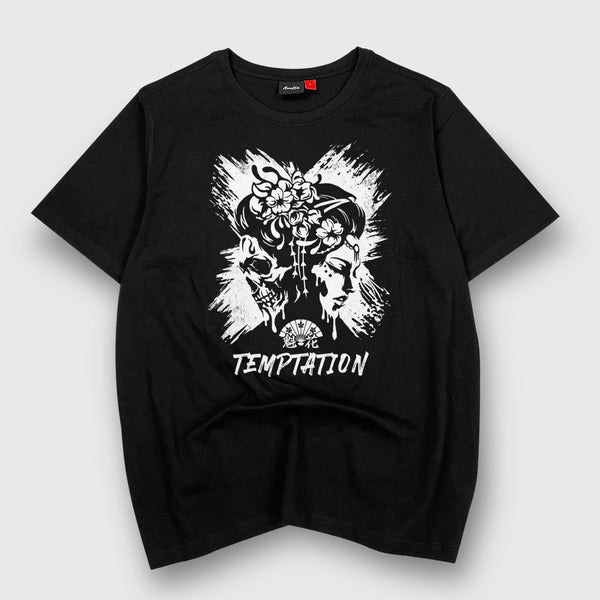 Oiran X Temptation - a Japanese style black heavyweight T-shirt featuring the design that combines oiran with a skull printed on the front