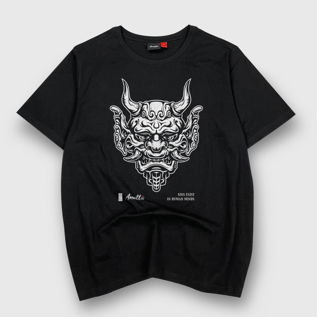 Sins Exist In Human Minds - a Japanese style black heavyweight T-shirt featuring the graphic design inspired by Japanese Oni masks, printed on the front