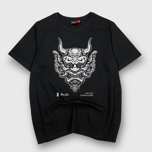 Sins Exist In Human Minds - a Japanese style black heavyweight T-shirt featuring the graphic design inspired by Japanese Oni masks, printed on the front
