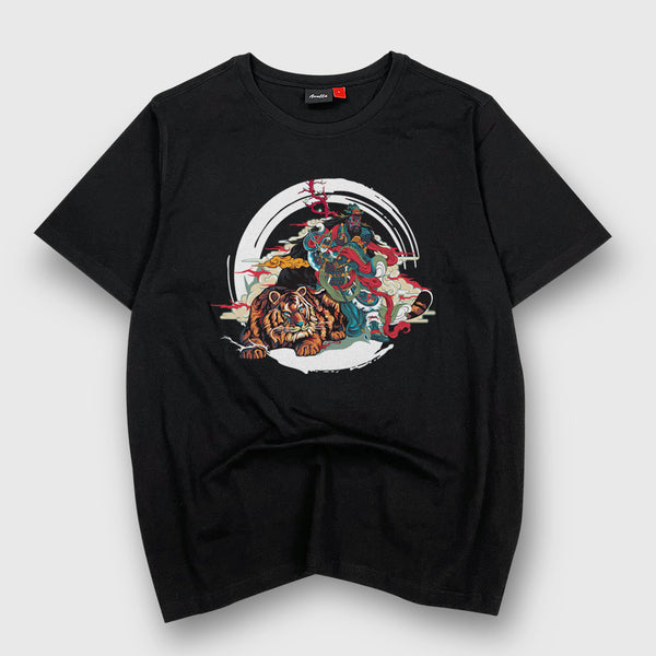 Taming The Tiger - a Japanese style black heavyweight T-shirt featuring the intricate graphic design of an Eastern deity taming a fierce tiger, printed on the front.