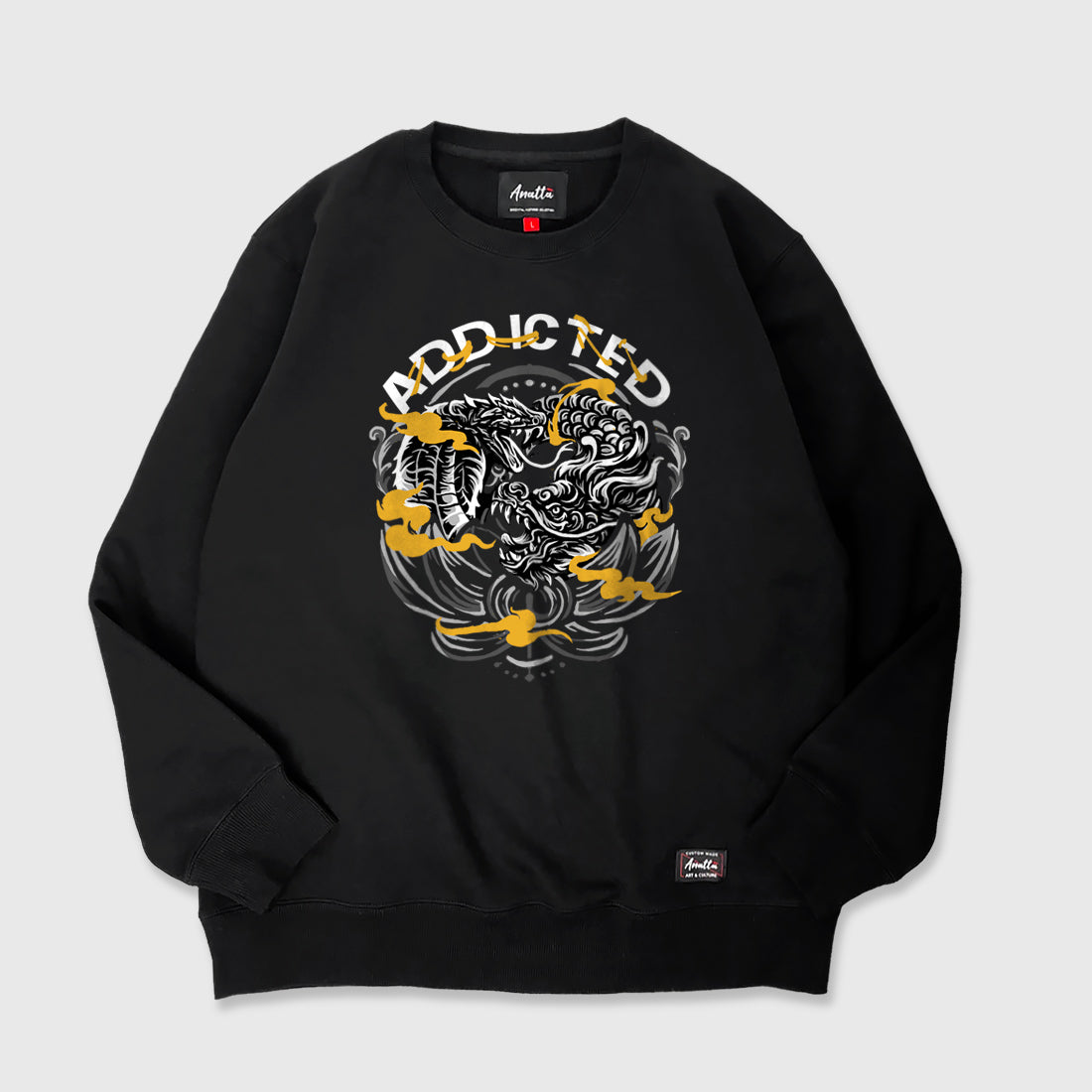 Addiction - A Japanese style black sweatshirt featuring a design of a dragon and a snake in combat, printed on the front