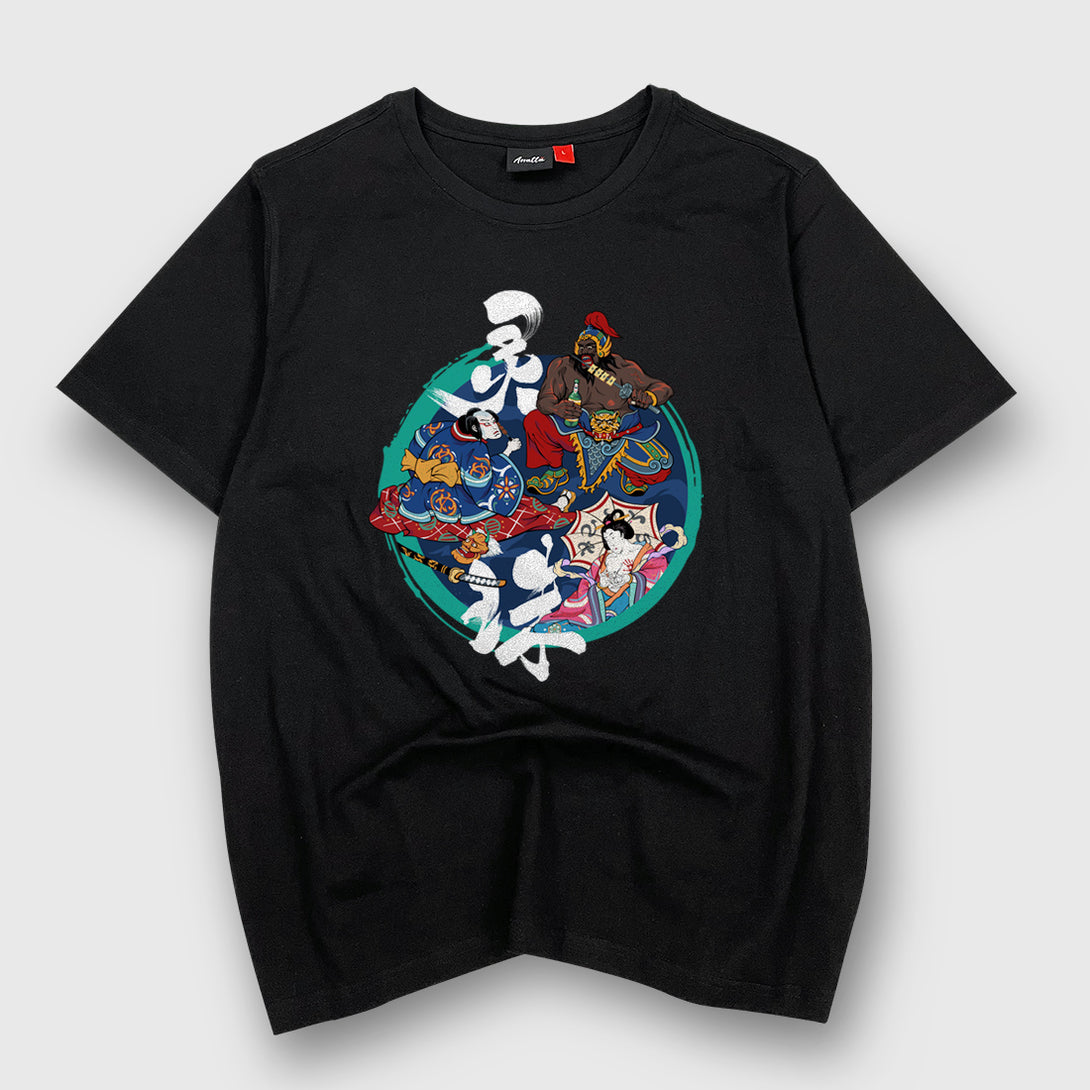 Oriental Youkai - a Japanese style black heavyweight T-shirt featuring an exquisite design of deities from Eastern mythology, printed on the front