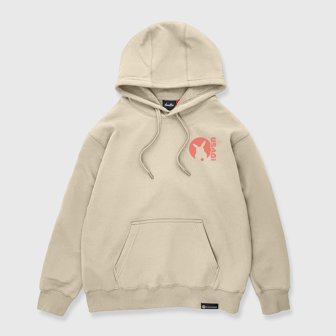 The Year of Rabbit - Front view of the Japanese style khaki hoodie, featuring a small graphic design on the front