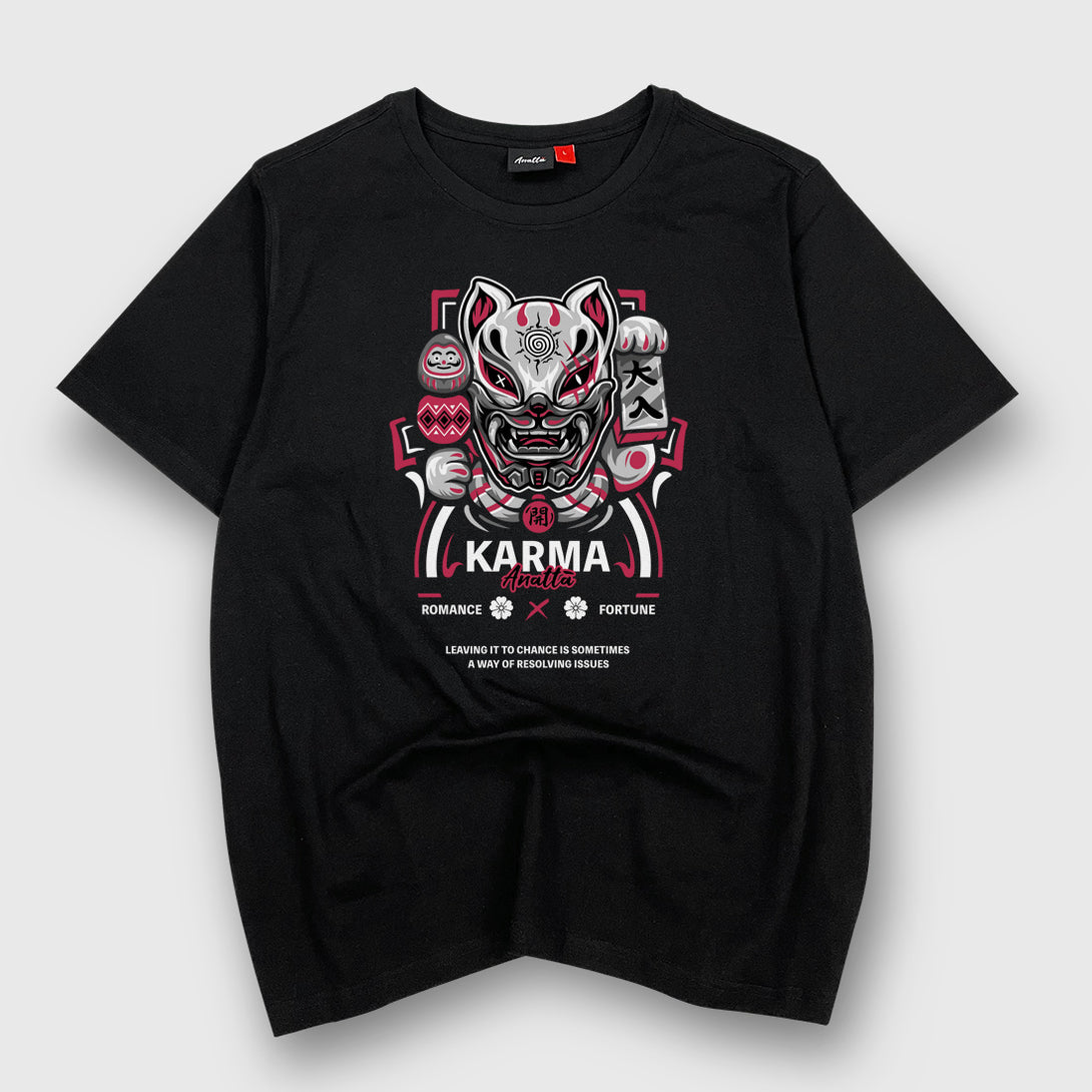 Lucky cat with evil mask - A Japanese style black heavyweight T-shirt featuring the graphic design of a japanese style lucky cat with evil mask, printed on the front