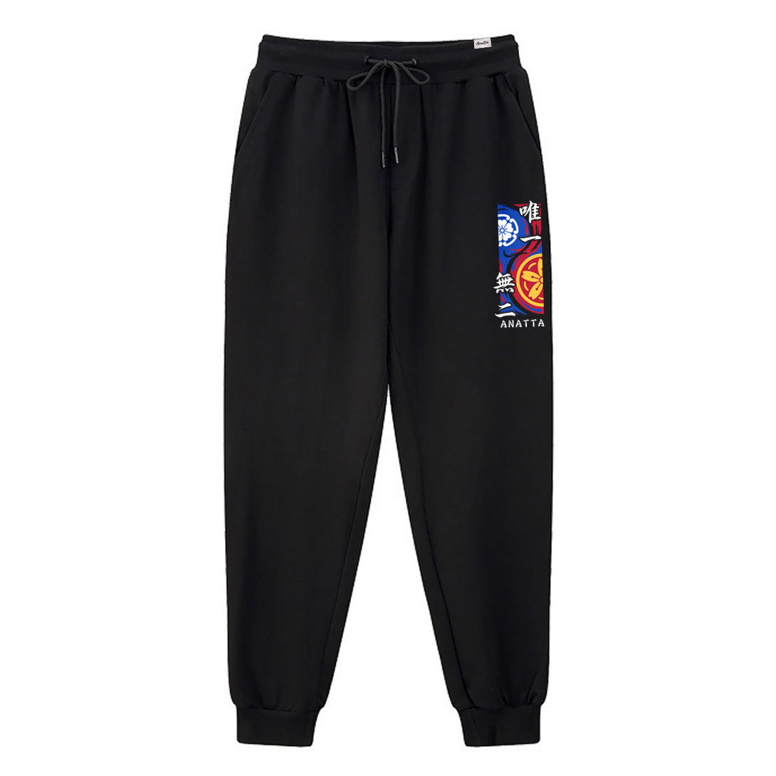 wei yi wu er - A Japanese style black sweatpants featuring a redesign of traditional Japanese patterns, printed on the left.