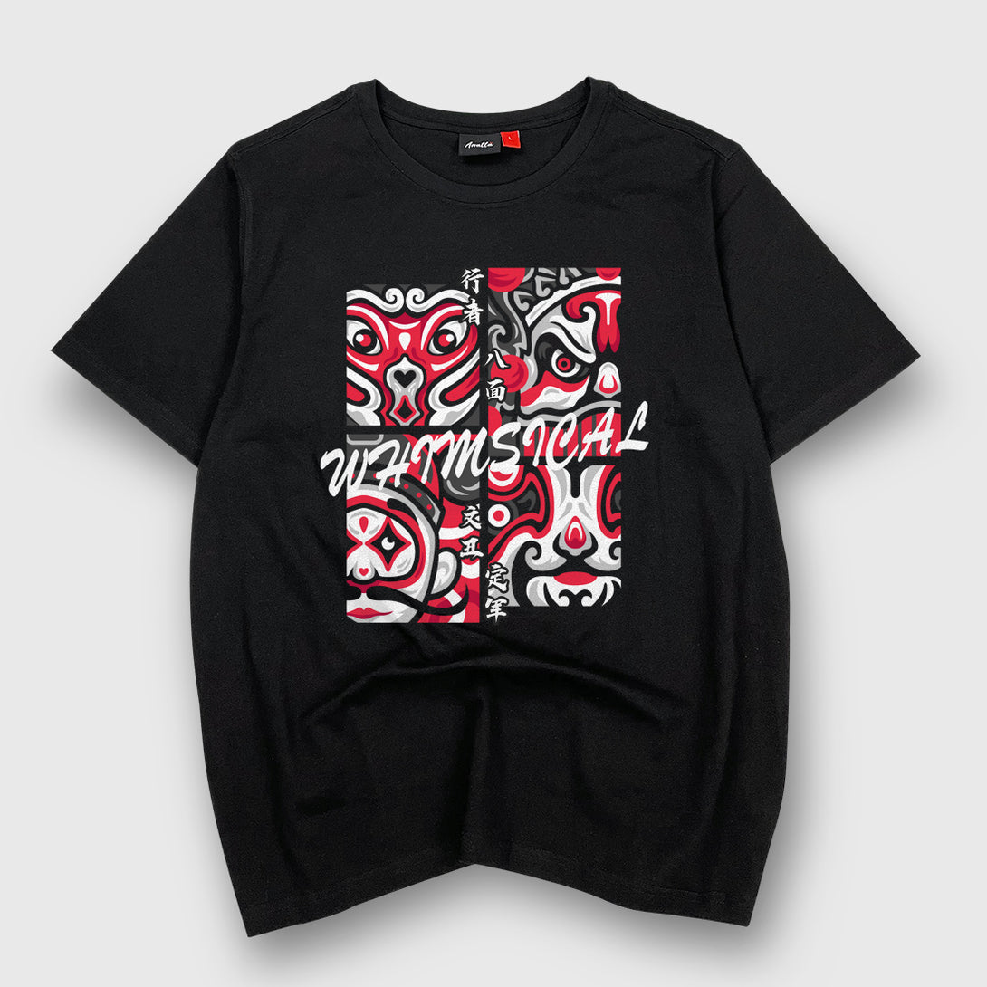 Chinese Opera Masks - A Japanese style black heavyweight T-shirt featuring an illustration design of Chinese Opera facial makeup, printed on the front