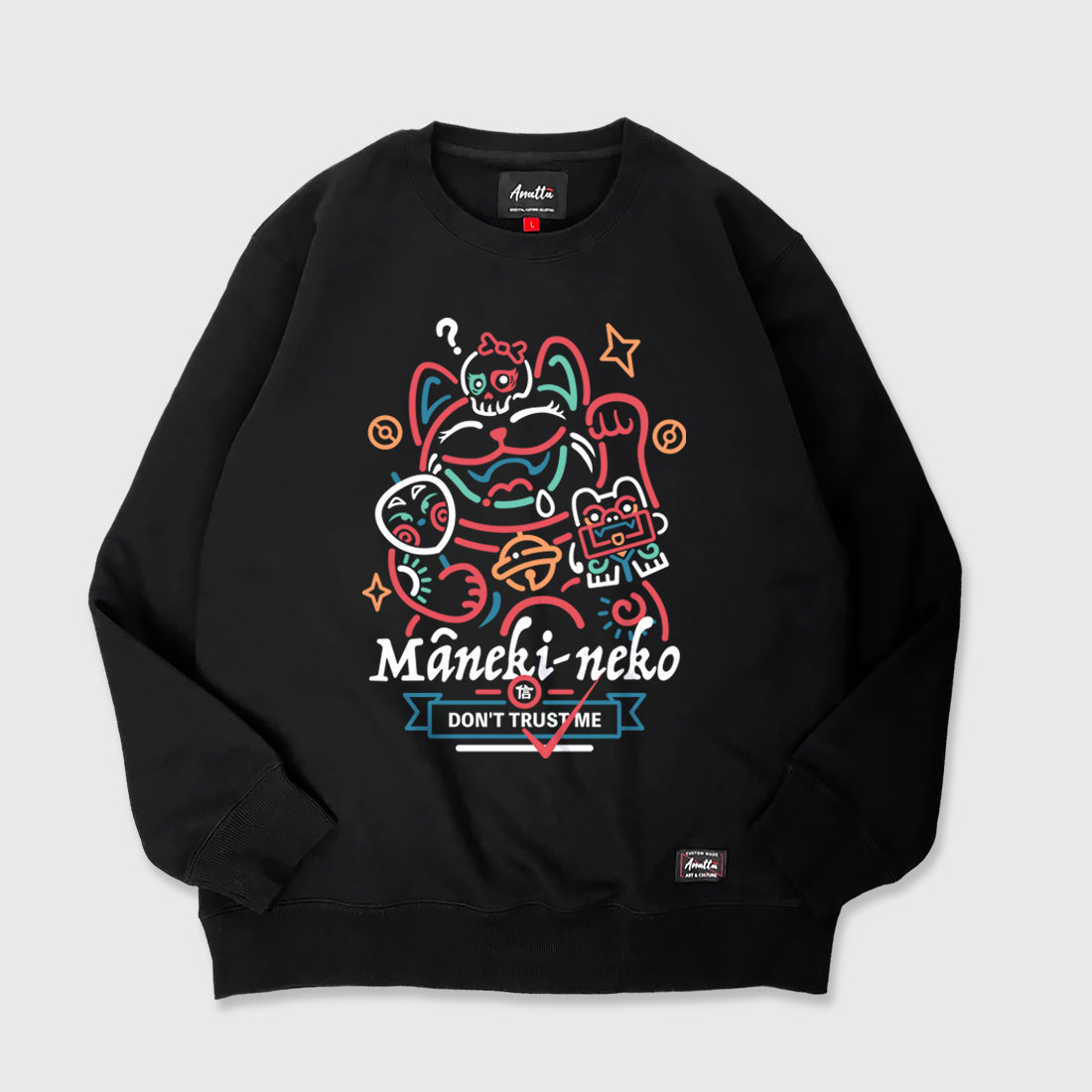 Not to believe in luck - A Japanese style black sweatshirt featuring a Japanese luck cat design printed on the front