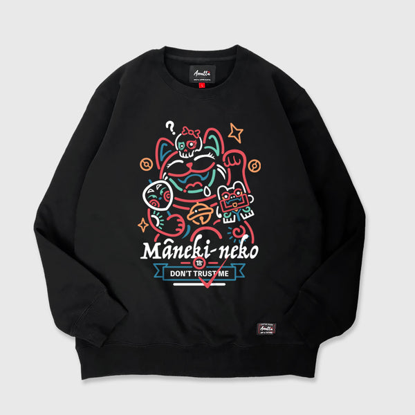 Not to believe in luck - A Japanese style black sweatshirt featuring a Japanese luck cat design printed on the front