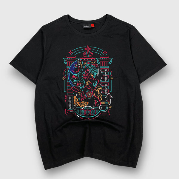 Neon - A Japanese style black heavyweight T-shirt featuring the graphic design inspired by vintage Shanghai neon lights, printed on the front