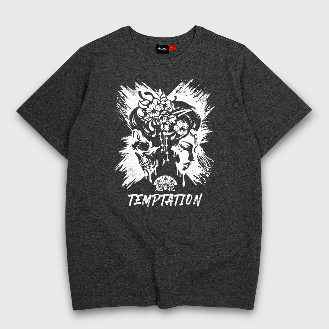 Oiran X Temptation - a Japanese style dark grey heavyweight T-shirt featuring the design that combines oiran with a skull printed on the front