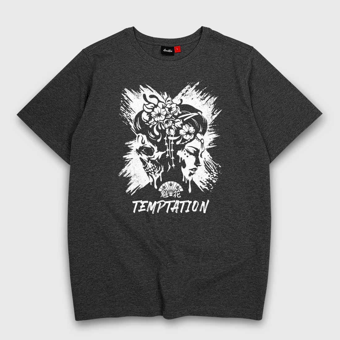 Oiran X Temptation - a Japanese style dark grey heavyweight T-shirt featuring the design that combines oiran with a skull printed on the front