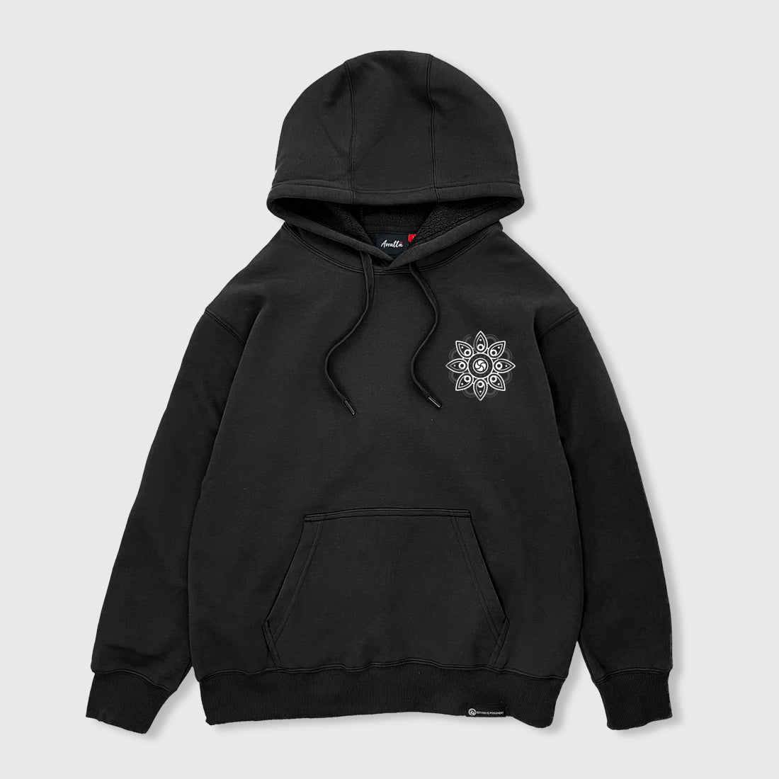Vajra- Front view of the Japanese style black hoodie, featuring a small graphic design on the front