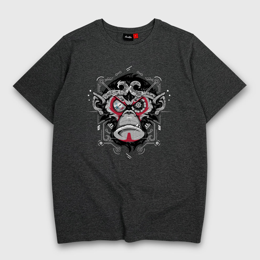 Monkey king - A Japanese style dark grey heavyweight T-shirt featuring the intricate graphic design of a steam-punk style monkey king, printed on the front