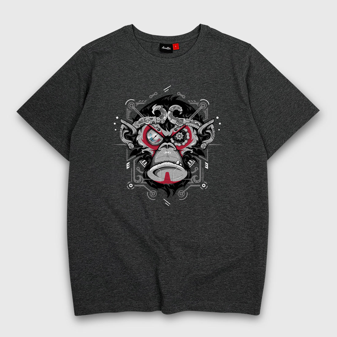Monkey king - A Japanese style dark grey heavyweight T-shirt featuring the intricate graphic design of a steam-punk style monkey king, printed on the front