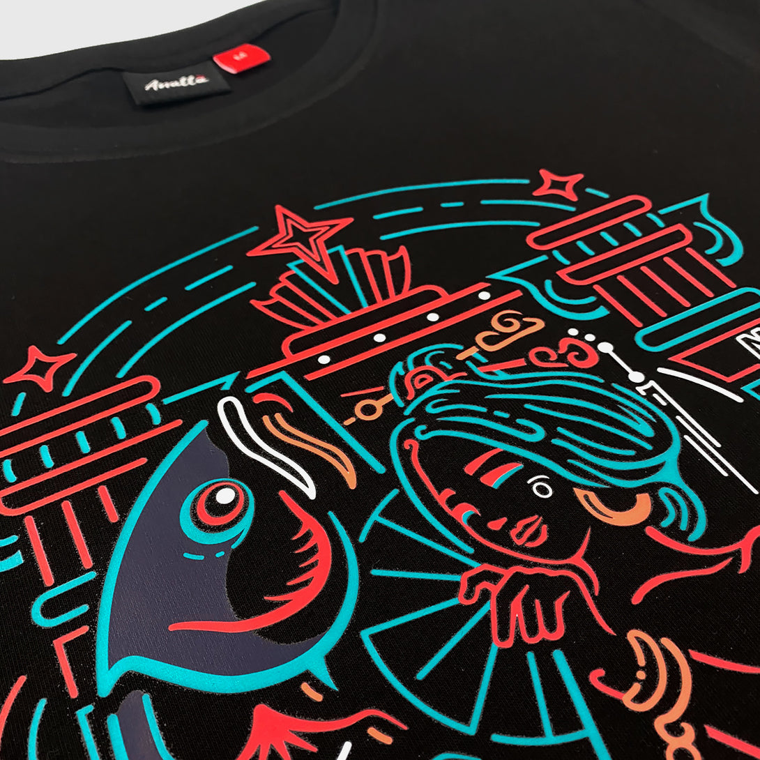 Neon - a close-up of featuring the graphic design inspired by vintage Shanghai neon lights, printed on the front of a Japanese style black heavyweight T-shirt-1