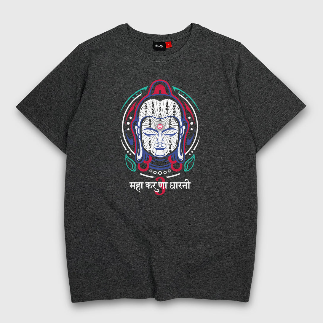 Buddha Head - a Japanese style dark grey heavyweight T-shirt featuring the graphic design of a buddha head, printed on the front