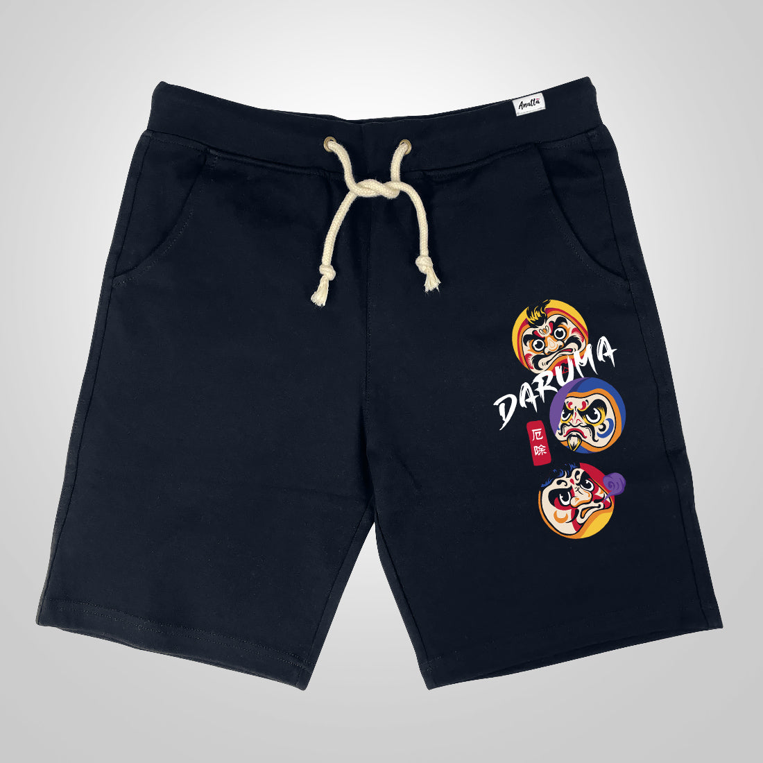 Daruma - A Japanese style dark blue shorts featuring the Japanese daruma design printed on the left.