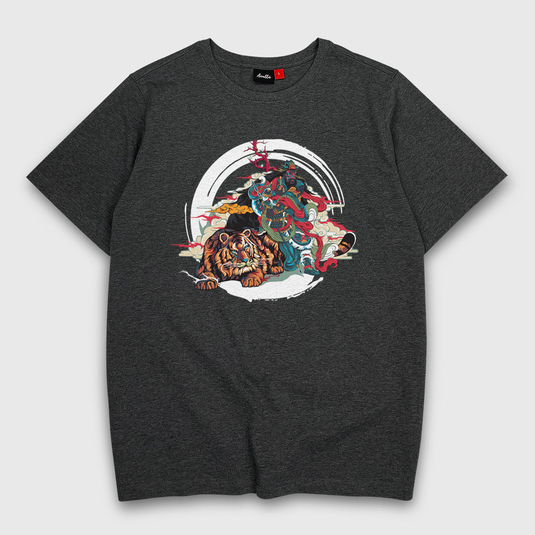 Taming The Tiger - a Japanese style dark grey heavyweight T-shirt featuring the intricate graphic design of an Eastern deity taming a fierce tiger, printed on the front.