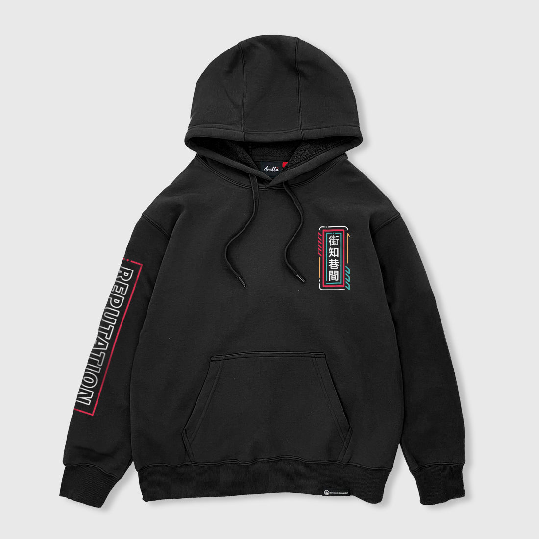 Neon - Front view of the Japanese style black hoodie, featuring a small graphic design on the front, a graphic printed on the right sleeve.