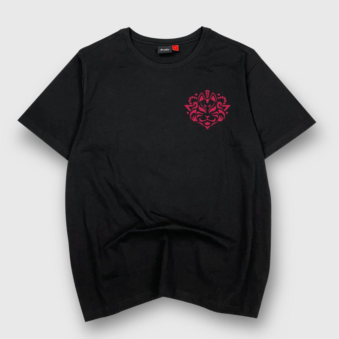 pipa-playing Buddhist semi-deity - A Japanese style black heavyweight T-shirt with a small graphic design printed on the front