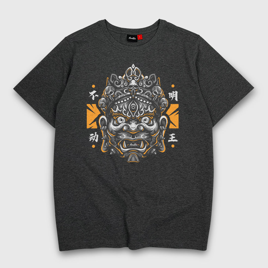 fodo myoo - A Japanese style dark grey heavyweight T-shirt featuring the graphic design of the Japanese buddhist guardian deity-fodo myoo, printed on the front