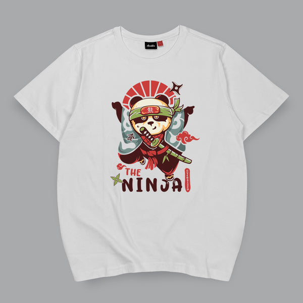 Oversized Ninja - a Japanese style white heavyweight T-shirt featuring an amusing graphic design of an oversized Japanese panda ninja, printed on the front