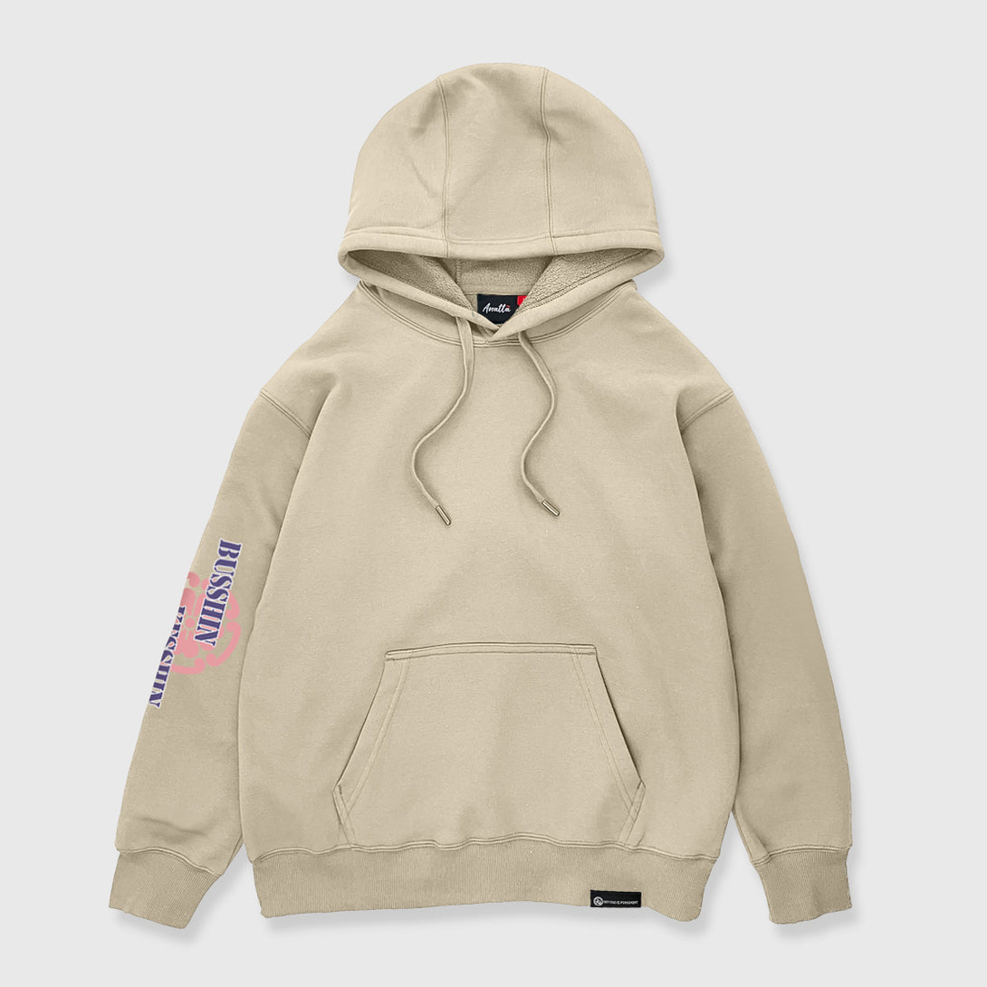 Omamori - Front view of the Japanese style khaki hoodie, with a graphic printed on the right sleeve