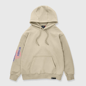 Omamori - Front view of the Japanese style khaki hoodie, with a graphic printed on the right sleeve