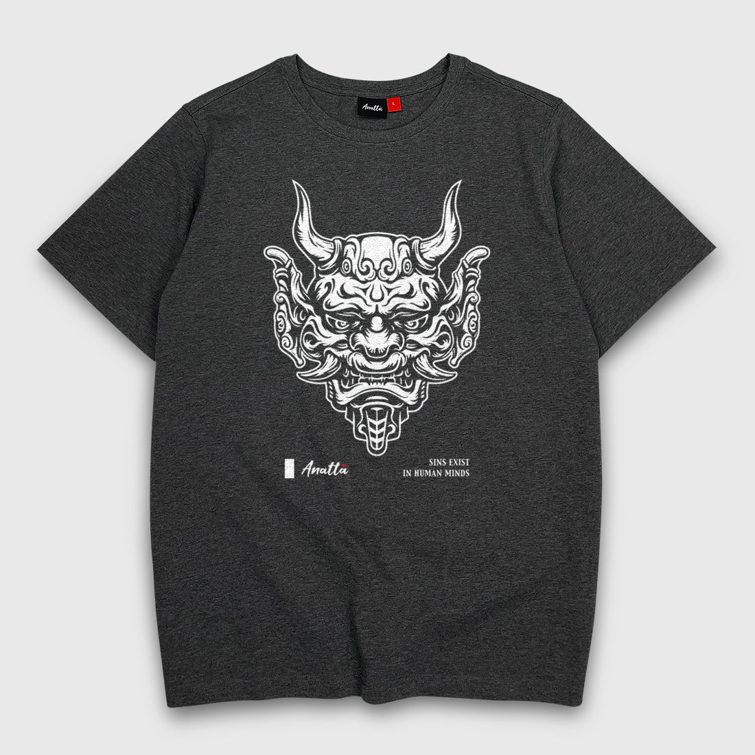 Sins Exist In Human Minds - a Japanese style dark grey heavyweight T-shirt featuring the graphic design inspired by Japanese Oni masks, printed on the front