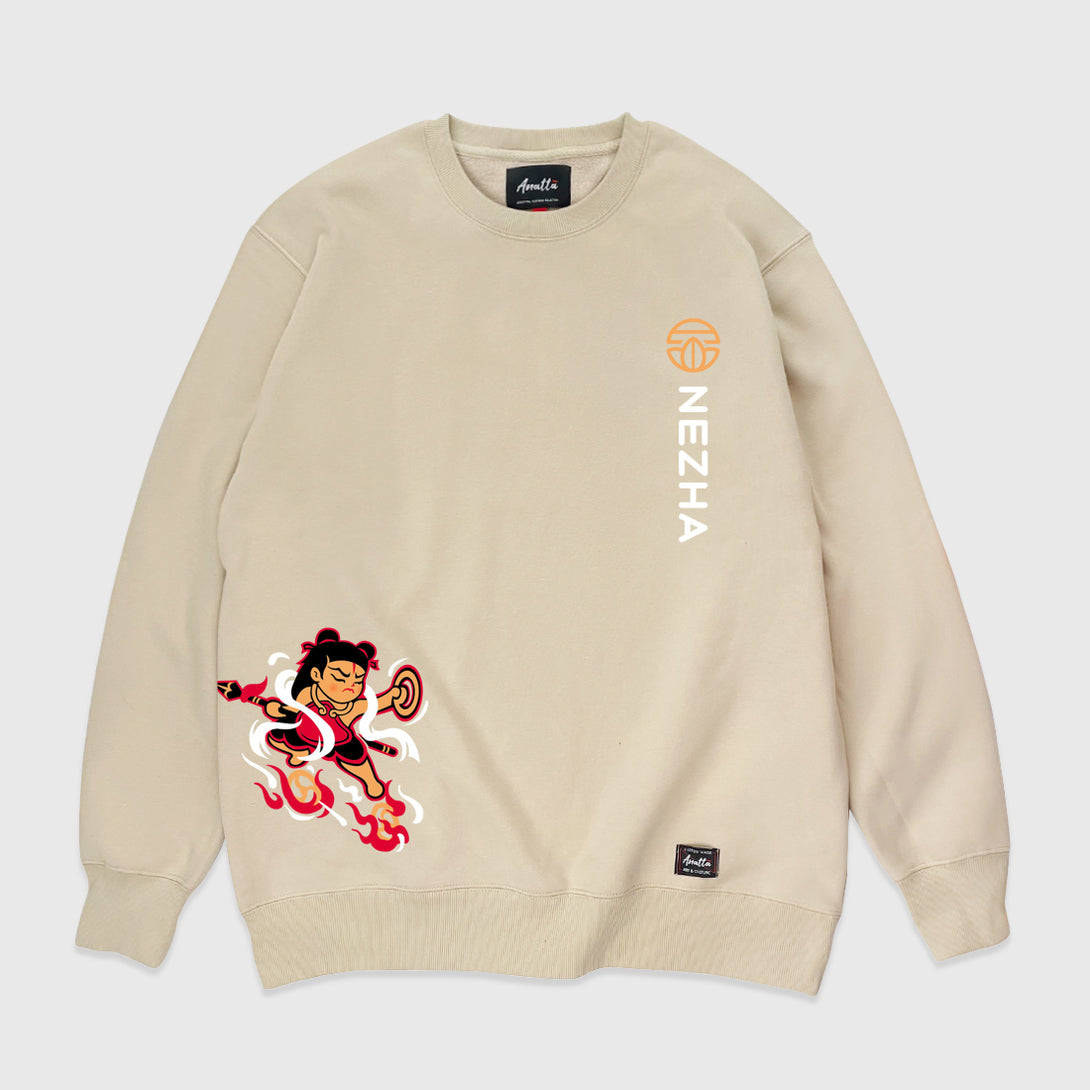 Nezha - A Japanese Khaki sweatshirt featuring a design of a minimalist style Nezha printed in the bottom right corner. The word Nezha and an icon are printed on the left front