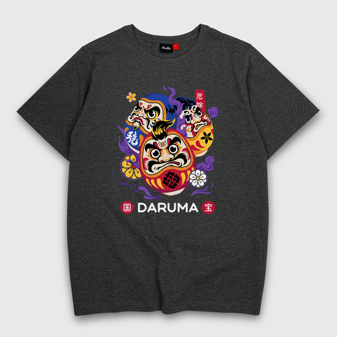 Daruma - A Japanese style dark grey heavyweight T-shirt featuring a graphic design of Japanese drama doll printed on the front