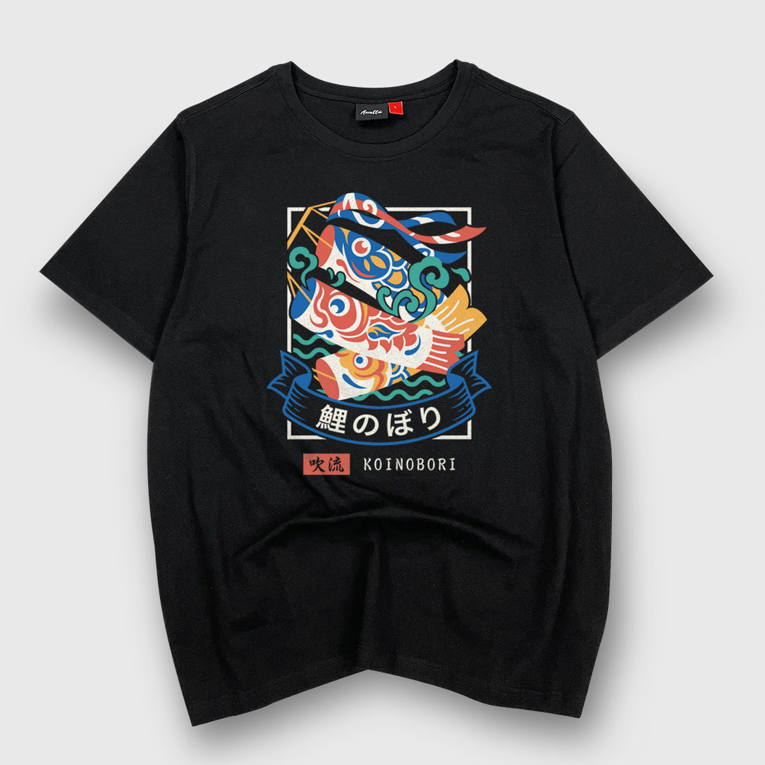 Koinobori - a Japanese style black heavyweight T-shirt featuring a design of Japanese carp streamers printed on the front