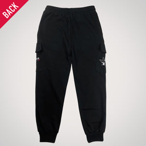 Emptiness - a Japanese style black flap pocket pants with original design printed on the two pockets- back view