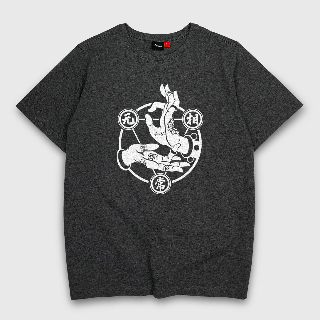 Mudra - A Japanese style dark grey heavyweight T-shirt featuring a graphic design of Buddhism Mudra printed on the front