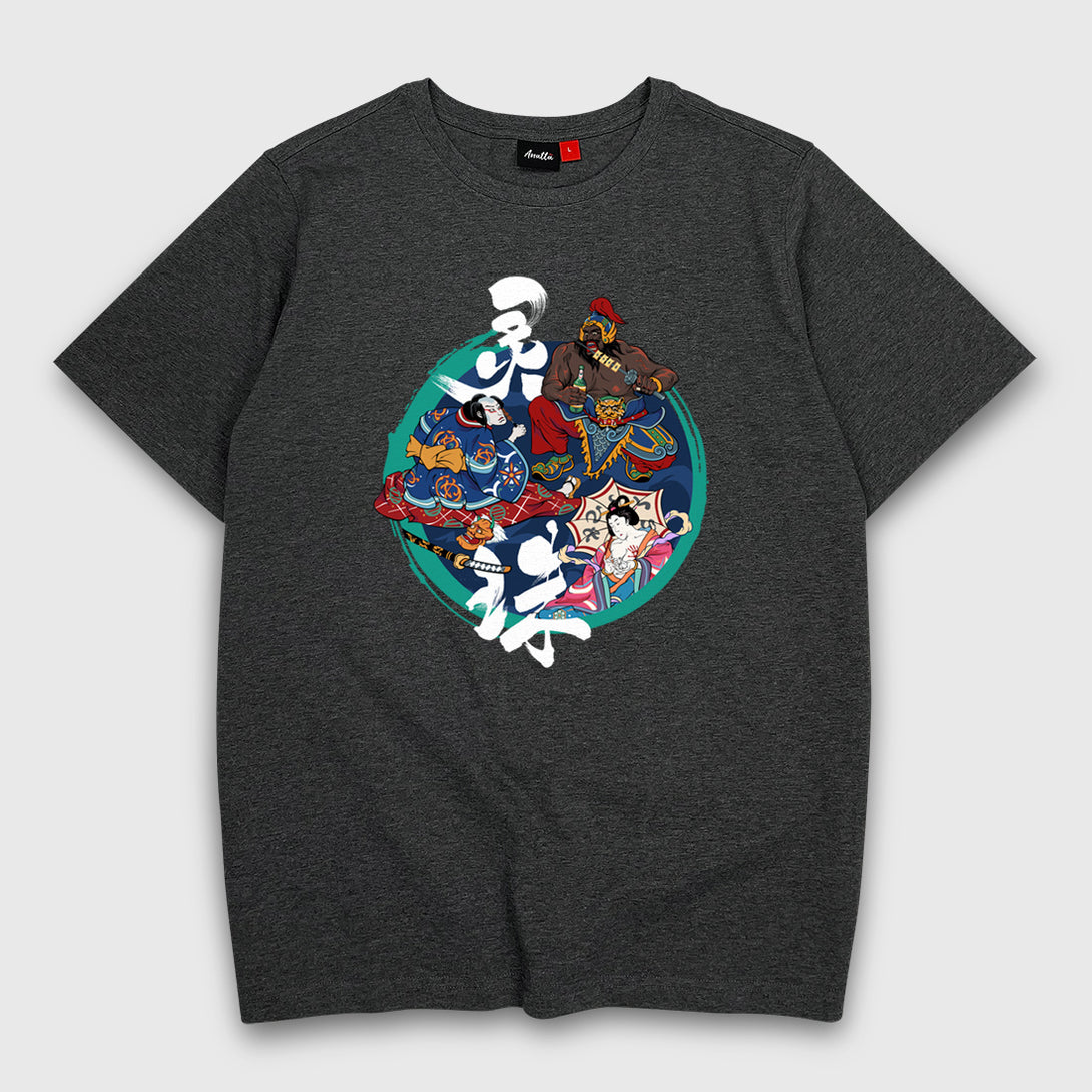 Oriental Youkai - a Japanese style dark grey heavyweight T-shirt featuring an exquisite design of deities from Eastern mythology, printed on the front