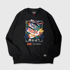Koinobori - A Japanese style black sweatshirt featuring a design of Japanese carp streamers printed on the front.