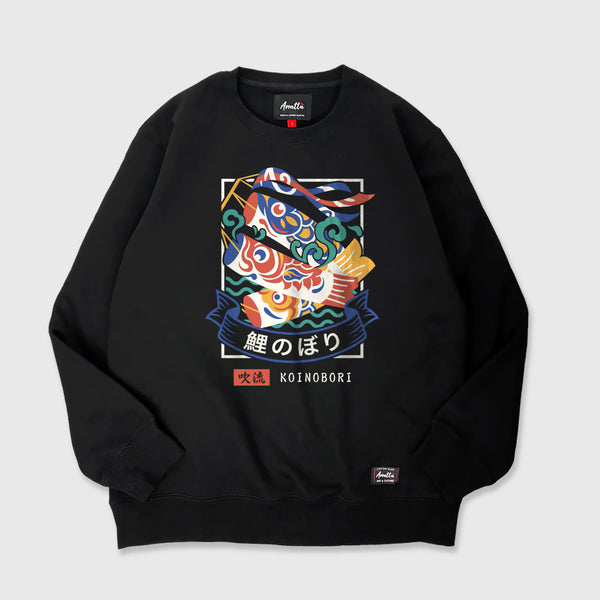Koinobori - A Japanese style black sweatshirt featuring a design of Japanese carp streamers printed on the front.