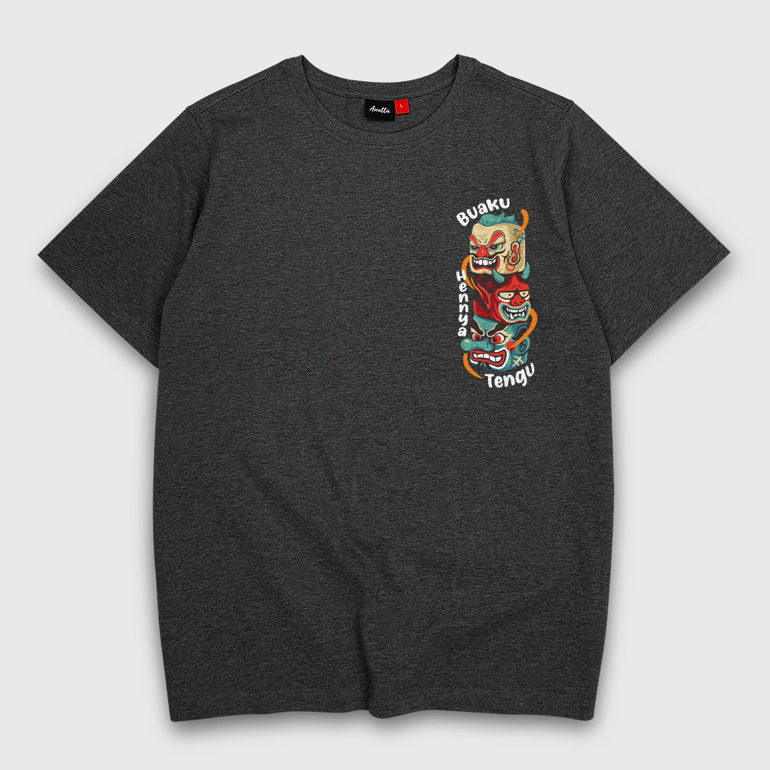 Legendary creatures- a Japanese style dark grey heavyweight T-shirt featuring a design of legendary creatures found in Japanese folk religion, printed on the front