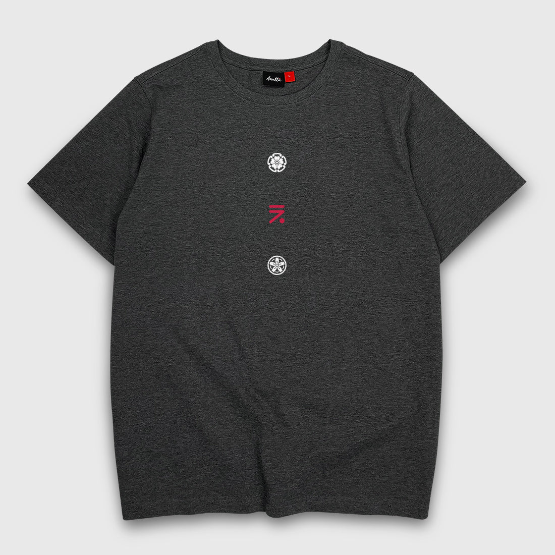 Kamon - A Japanese style dark grey heavyweight T-shirt featuring Japanese kamon design, printed on the front