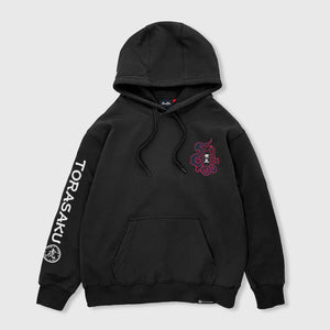 The tiger - Front view of the Japanese style black hoodie, featuring a small graphic design on the front, Japanese characters printed on the right sleeve