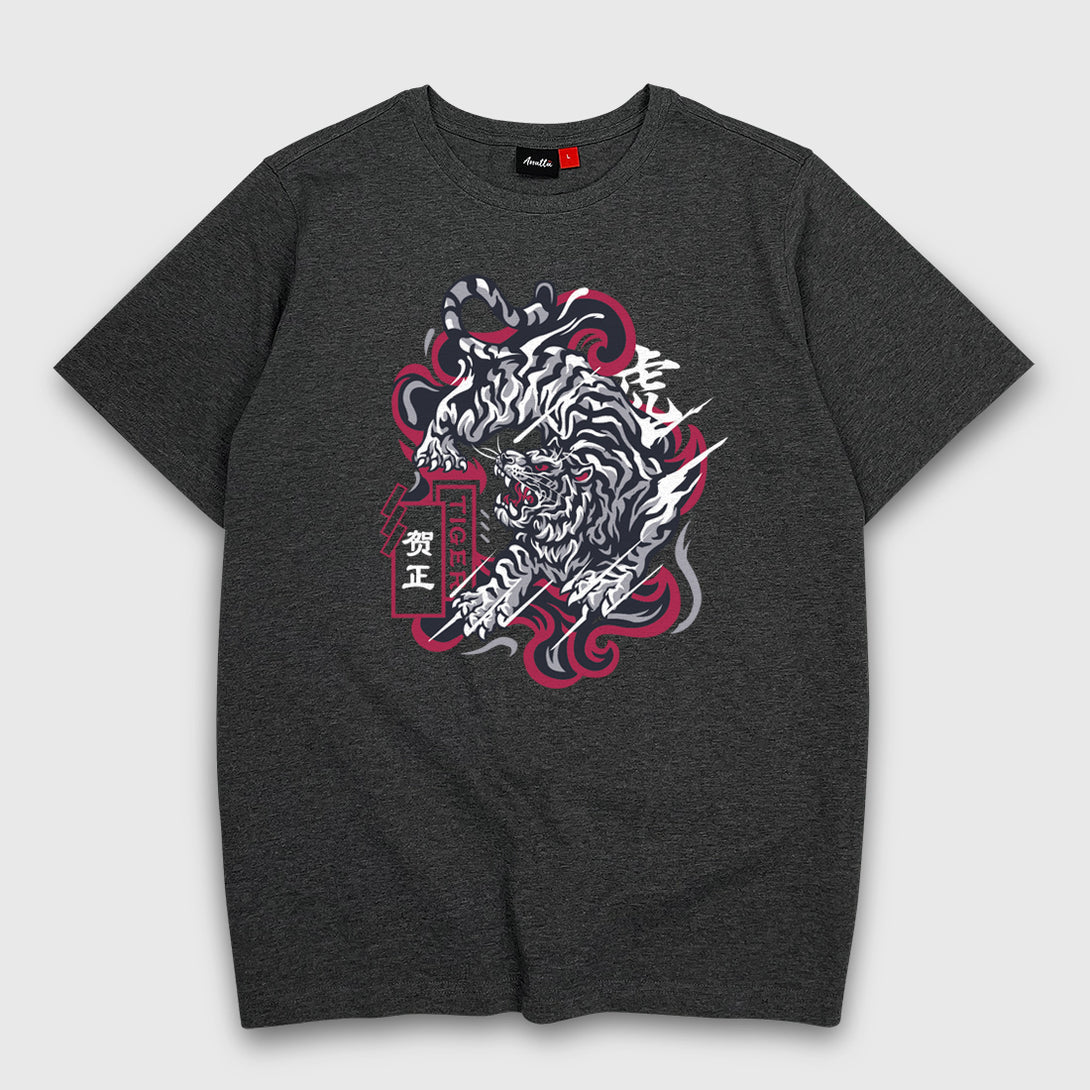 the tiger - A Japanese style dark grey heavyweight T-shirt featuring an intricate illustration of a fierce Japanese tiger, printed on the front