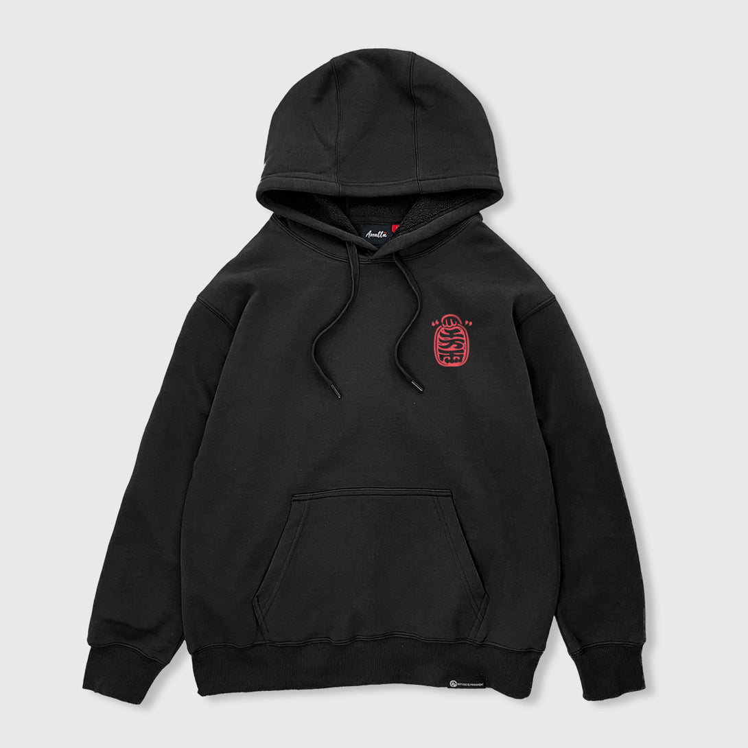 Not to believe in luck - Front view of the Japanese style black hoodie, featuring a small graphic design on the front