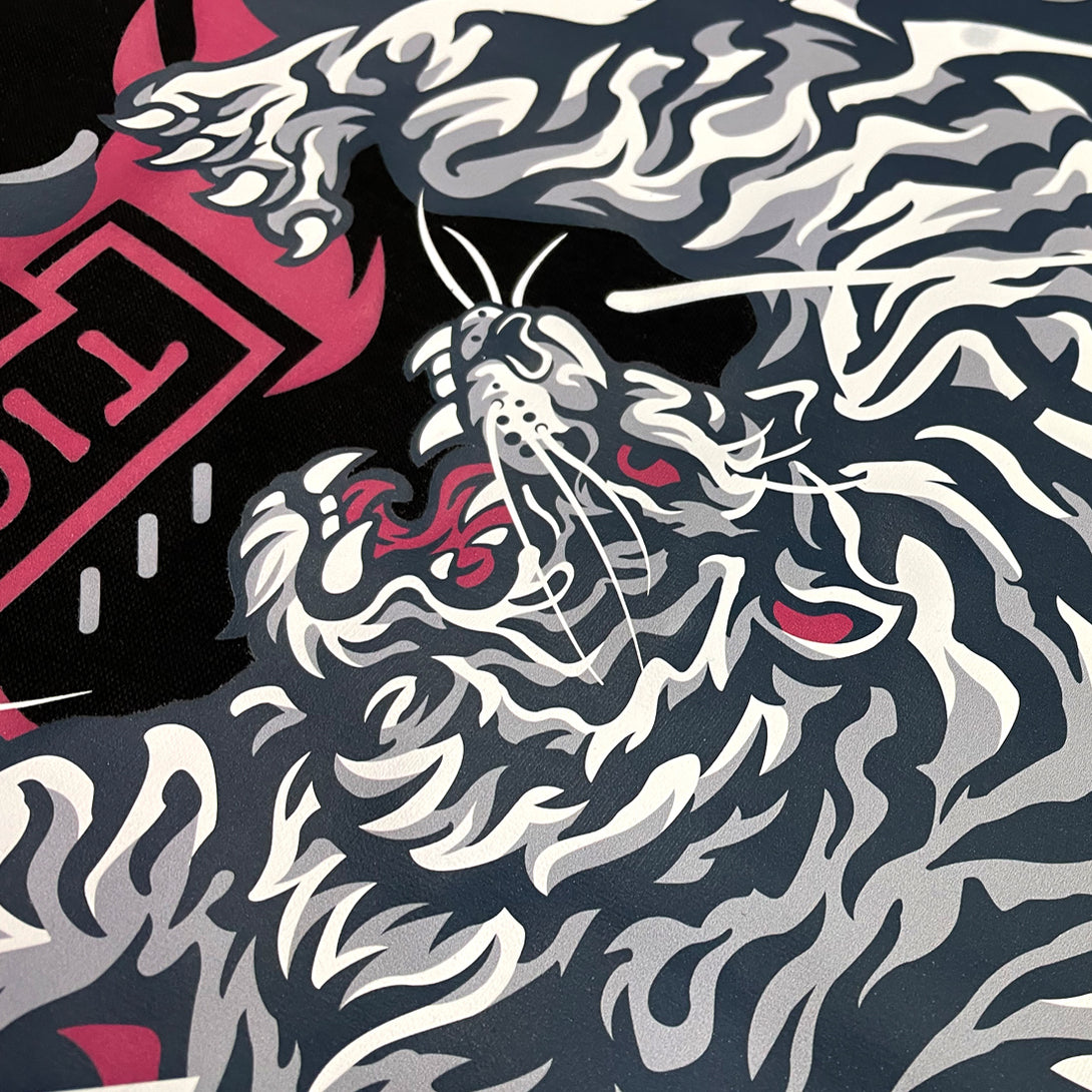 the tiger - a close-up of an intricate illustration of a fierce Japanese tiger, printed on the front of a Japanese style black heavyweight T-shirt-1