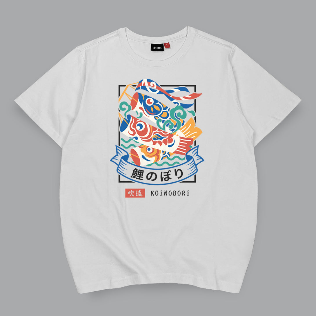 Koinobori - a Japanese style white heavyweight T-shirt featuring a design of Japanese carp streamers printed on the front