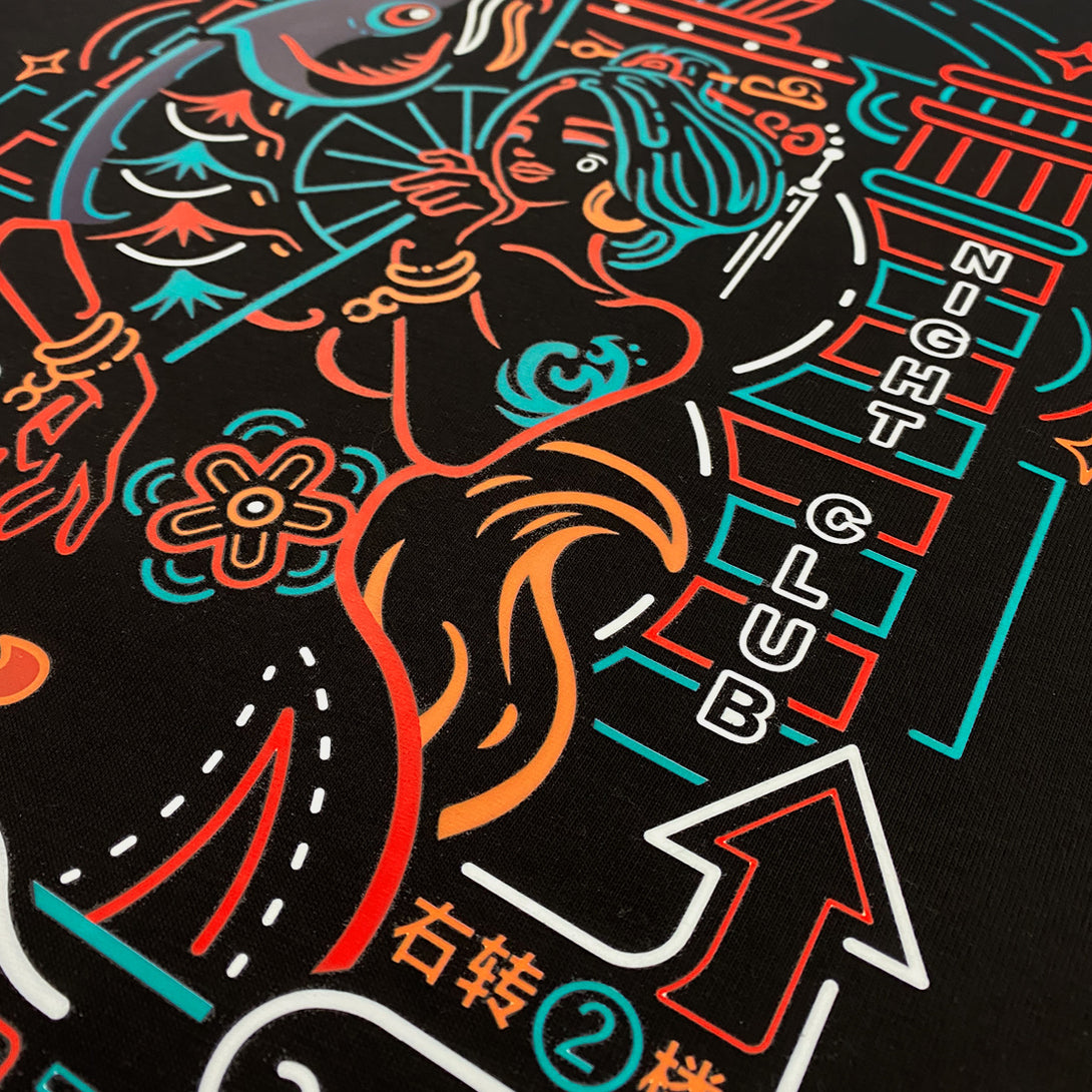 Neon - a close-up of featuring the graphic design inspired by vintage Shanghai neon lights, printed on the front of a Japanese style black heavyweight T-shirt-2